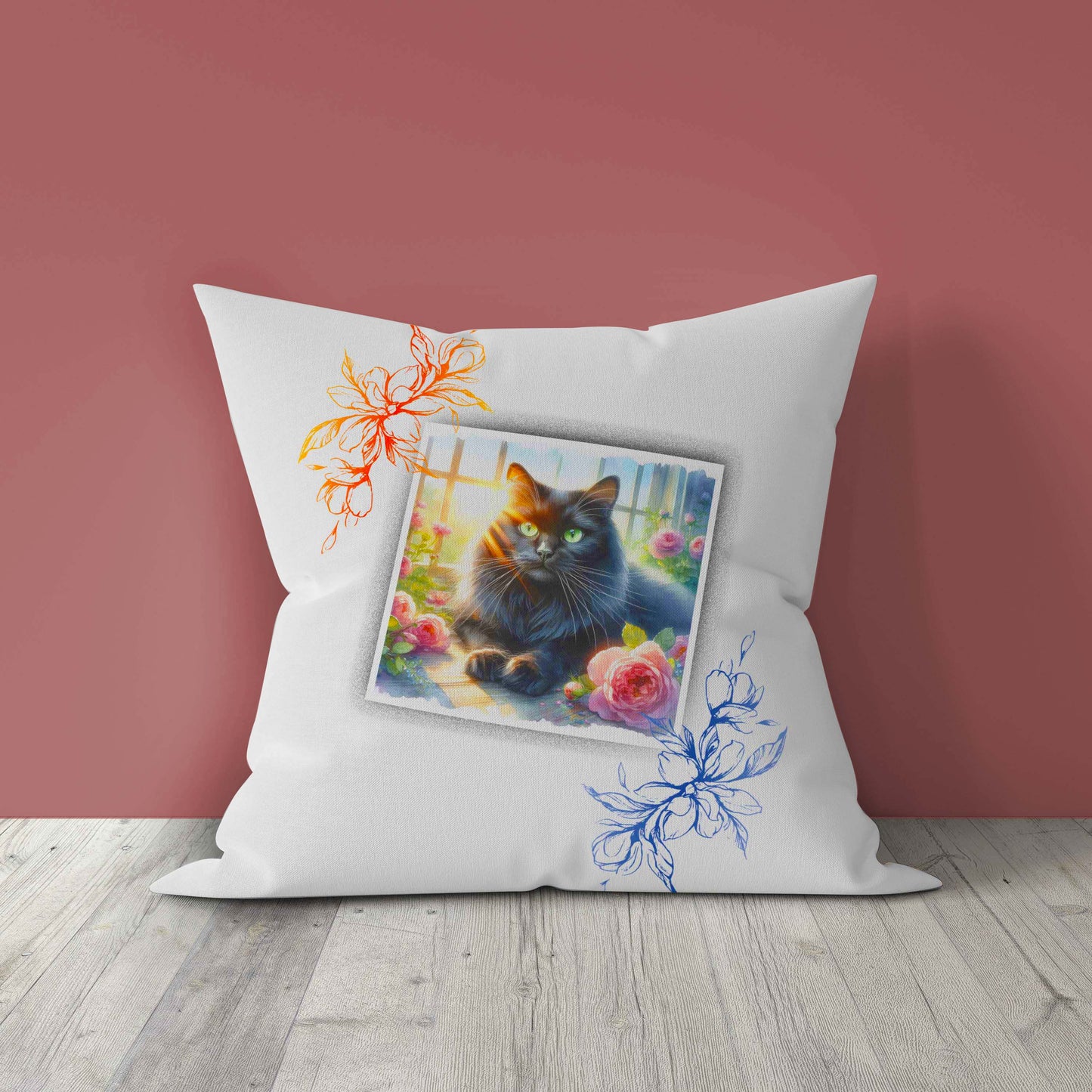 Pillow Black Cat with Flowers